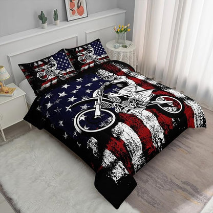 Axolotl Dirt Bike Comforter Set King,American Flag Bedding Set,Motocross Comforter for Boys,White Red Stripes Stars Comforter,Motorcycle Racer Bedding for Kids Teens Men,1 Quilt 2 Pillowcases