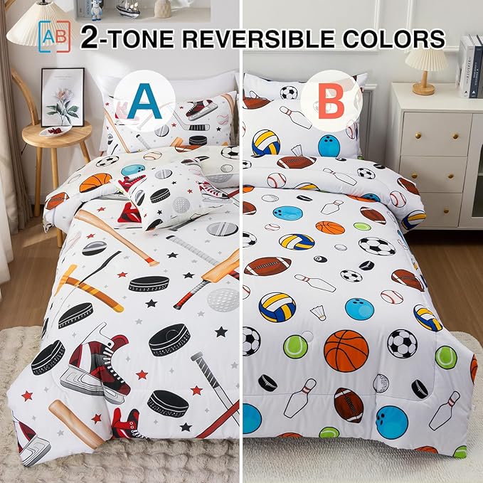 A Nice Night 6Pcs Twin Boys Bedding Set, Sports Themed Comforter with Ice Skates & Baseball Bat Design, Athletic Decor for Boys Bedroom(White)