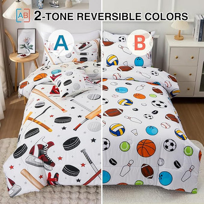 A Nice Night 6Pcs Twin Boys Bedding Set, Sports Themed Comforter with Ice Skates & Baseball Bat Design, Athletic Decor for Boys Bedroom(White)