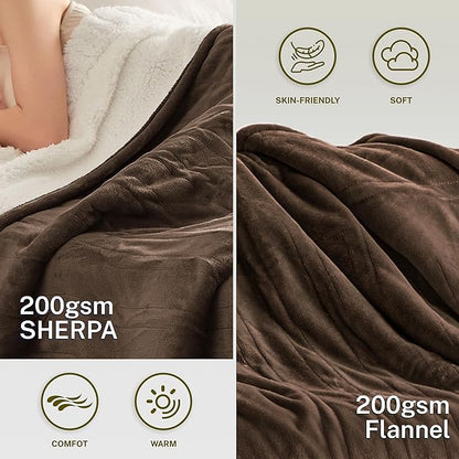 Heat Blanket 72”x84” Full Size,Soft Flannel & Sherpa Reversible Electric Blanket with 10 Heat Settings,12 Timer Setting and 8 Hours Auto-Shut Off,ETL Certified Machine Washable,Dark Brown