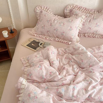 BuLuTu French Garden Pink Floral Duvet Cover Set King Size, Princess Style Lace Ruffled Bedding Set - 1 Comforter Cover King with 2 Pillow Cases, 100% Muslin Cotton Bedding, Soft Breathable