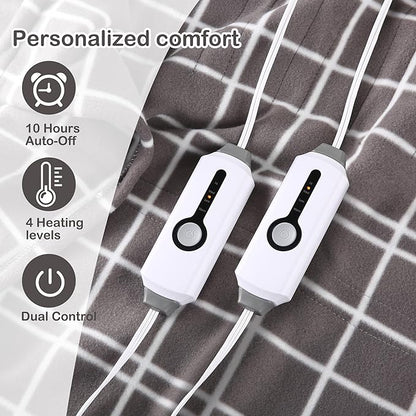 Electric Heated Blanket Queen Size 84"x90", 4 Heating Levels & 10H Auto Shut Off, Dual-Control, Soft Fleece, Machine Washable, Light Gray Plaid