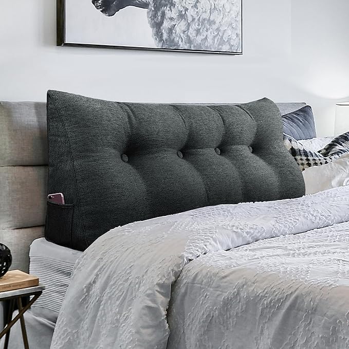 Headboard Pillow Wedge Full Size Large Bolster Pillow for Bed Triangle Reading Pillow Back Support Pillow for Sitting Up in Bed XXL Couch Daybed Bed Rest Backrest Cushion Linen Anthracite