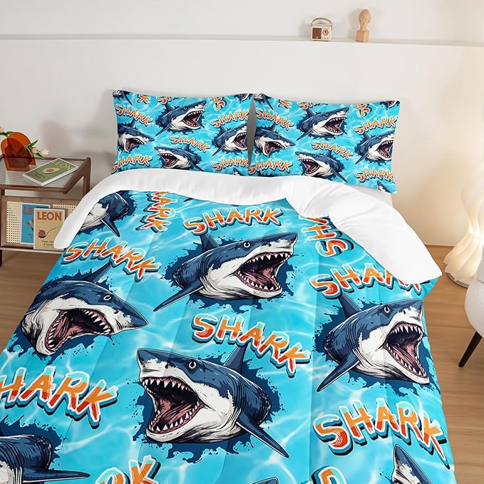 HOSIMA Shark Comforter Set Queen Size,Ocean Theme Bedding Set for Kids Boys,3D Shark Pattern Nautical Comforter Set,Sea Animal Theme Ocean Decor Bedroom Collection with 2 Pillowcases.