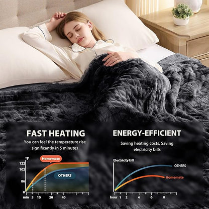 Homemate Electric Heated Blanket Queen Size - 84"x90" Heating Blanket Queen Size Dual Control 1/2/4/6/8 Hours Auto-Off 10 Heat Level Over-Heat Protection Luxury Faux Fur Sherpa ETL Certification