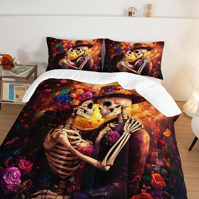 Skull Printed Comforter Set King Size,Skeleton Couple Embrace Bedding Romantic Flower Comforter Set for Kids Girls Room Decor,Artistic Aesthetics Bedding Set with 2 Pillowcases.
