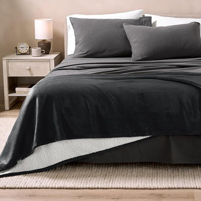 Bare Home Sherpa Fleece Blanket - King Size - Blanket for Bed, Sofa, and Couch - Warm & Lightweight - Fluffy & Soft - Reversible (King, Black)