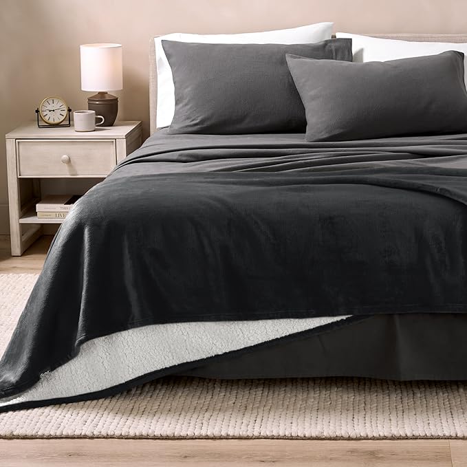 Bare Home Sherpa Fleece Blanket - Full/Queen Size - Blanket for Bed, Sofa, and Couch - Warm & Lightweight - Fluffy & Soft - Reversible (Full/Queen, Black)