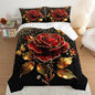 Gold Red Rose Comforter Set King Size,Golden Glitter Butterfly Pattern Bedding Set for Girls Women Couple Lover,Romantic Valentine's Day Floral Themed Bedding Set with 2 Pillowcases.