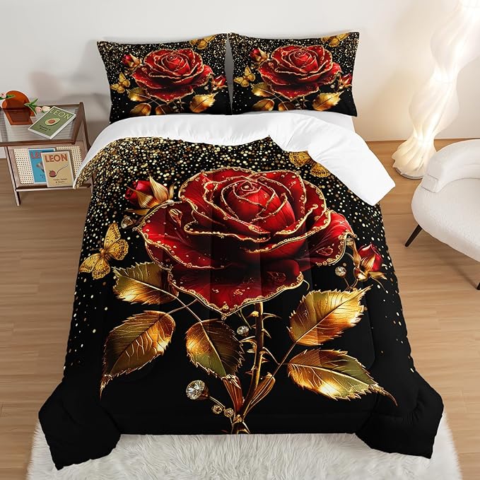 Gold Red Rose Comforter Set Twin Size,Golden Glitter Butterfly Pattern Bedding Set for Girls Women Couple Lover,Romantic Valentine's Day Floral Themed Bedding Set with 2 Pillowcases.