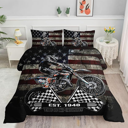 Dirt Bike Comforter Set Retro American Flag Black and White Checkered Comforter Sets Quilt with 1 Comforter and 2 Pillowcases for Kids Boys Bedroom All Season（Dirt Bike-3 Queen）