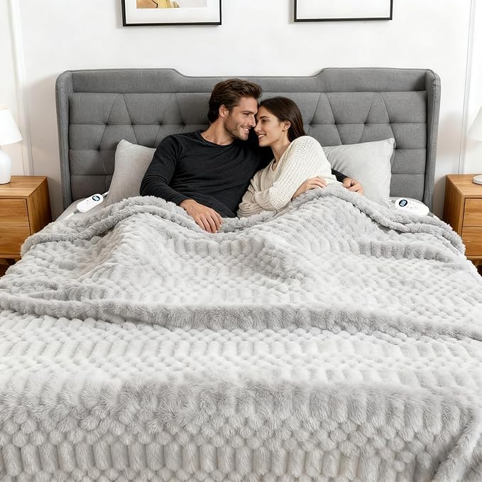 Heated Blanket King Size, 90“x100 Electric Blanket Heating with Dual Controllers, Fast Heating with 12 Heat Levels & 12 Hours Auto Off, with ETL & FCC for Bed(Light Gray)
