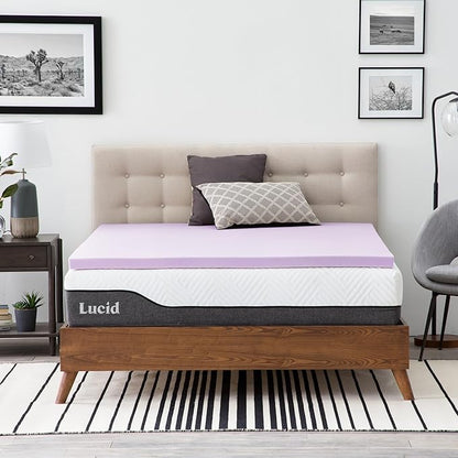 Lucid 2 Inch Lavender Memory Foam Mattress Topper, Twin Size – Essential Oil Infusion – Plush Feel, Pressure-Relieving Bed Topper – Ventilated and Breathable – CertiPur Certified
