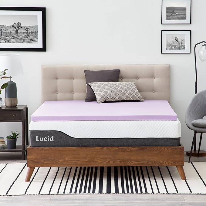 Lucid 2 Inch Lavender Memory Foam Mattress Topper, Twin XL Size – Essential Oil Infusion – Plush Feel, Pressure-Relieving Bed Topper – Ventilated and Breathable – CertiPur Certified