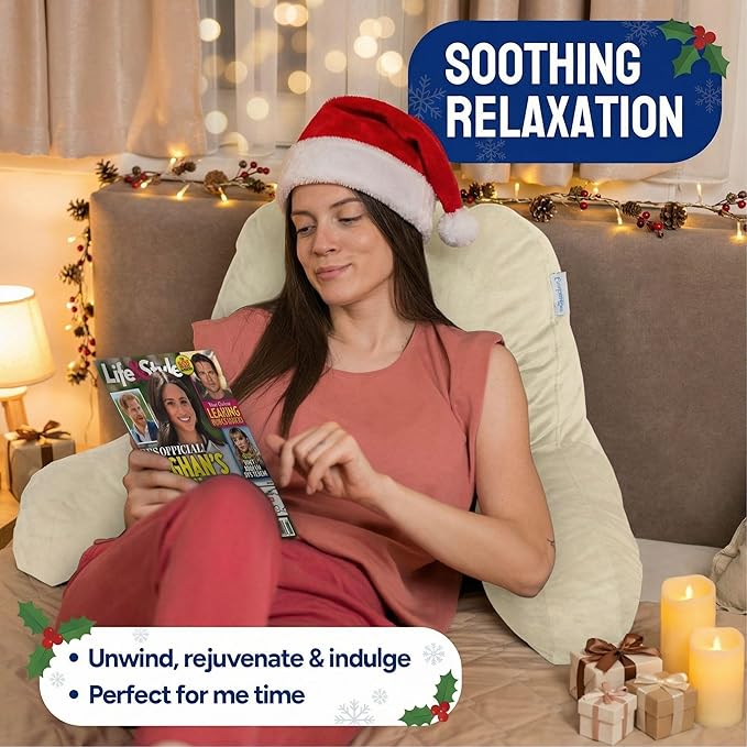 ComfortSpa Reading Pillow for Bed Adult Size, Back Rest Pillow with Arms, Pockets and Washable Cover; Use as a Back Pillow for Sitting in Bed for Bedrest or Relief from GERD Heartburn (Large Cream)