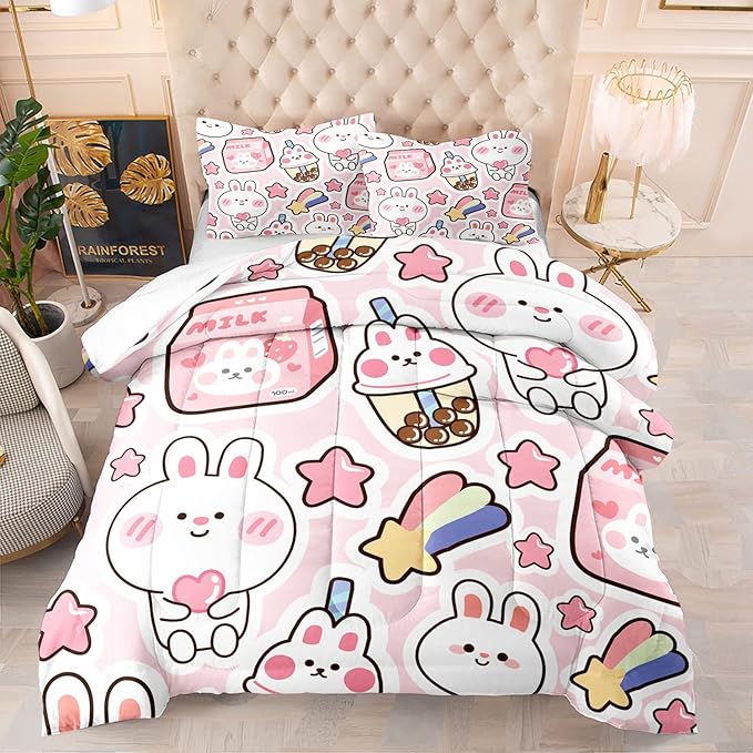 CVHOUSE Kawaii Rabbit Bedding Set for Girls - Twin Size, Includes Cute Rabbit Comforter, Duvet, and Quilt - Perfect for Kids' Room Decor