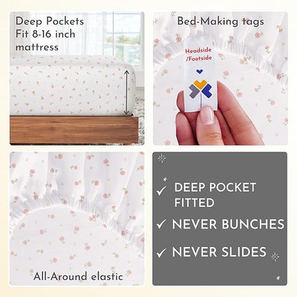 California Design Den Queen Sheet Set - 400 Thread Count Sateen, Natural 100% Cotton Sheets, Deep Pocket and Durable Bedding - Soft Floral