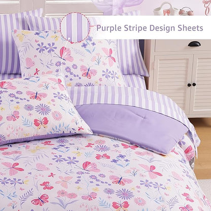 Twin XL Comforter Set for Girls, Butterfly Botanical Flowers Bedding Set, All Season Kids Bed in a Bag Dorm 5 Pieces with Sheets, Pillowcase & Sham