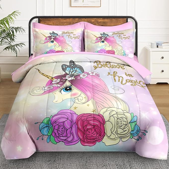 Full Size Comforter Set with 2 Pillowcases & 2 Shams, Cute Unicorn Butterfly 7 Pcs Bedding for Kids and Teens, Princess Flower Horse Bed in a Bag with Flat Fitted Sheet