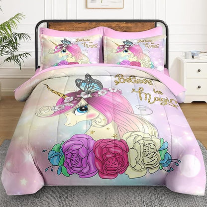 Full Size Comforter Set with 2 Pillowcases & 2 Shams, Cute Unicorn Butterfly 7 Pcs Bedding for Kids and Teens, Princess Flower Horse Bed in a Bag with Flat Fitted Sheet