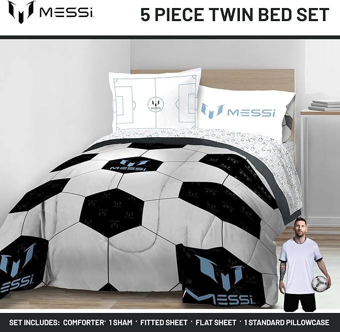 Jay Franco Kids Comforter Set Includes Sheets and Pillow Cover - Soft and Cozy Bed Set for Stylish Room Décor, White - Lionel Messi, 5 Piece Twin