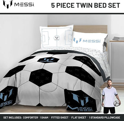 Jay Franco Kids Comforter Set Includes Sheets and Pillow Cover - Soft and Cozy Bed Set for Stylish Room Décor, White - Lionel Messi, 5 Piece Twin