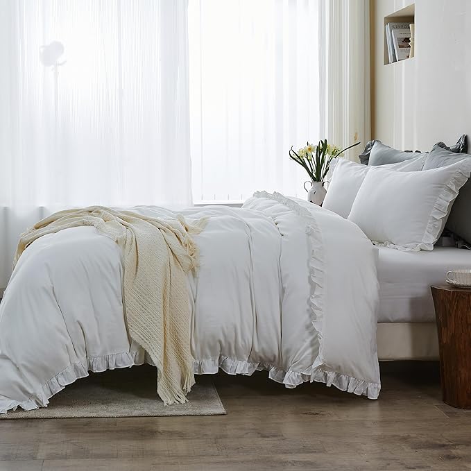 Simple&Opulence Kids 100% Organic Cotton King Duvet Cover Ruffle 3Pcs(1 Comforter Cover 2 Pillowcases) Cute Lace Vintage Boho Shabby Chic Farmhouse Bedding Set Teen Girls(White, King)