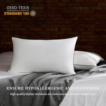 Feather Down Pillow King Size Set of 2, 100% Cotton Luxury Hotel Collection Bed Pillows for Sleeping, Down Surrounded Fluffy Soft Medium Firm Pillows for Side Back Stomach Sleepers 20" x 36"
