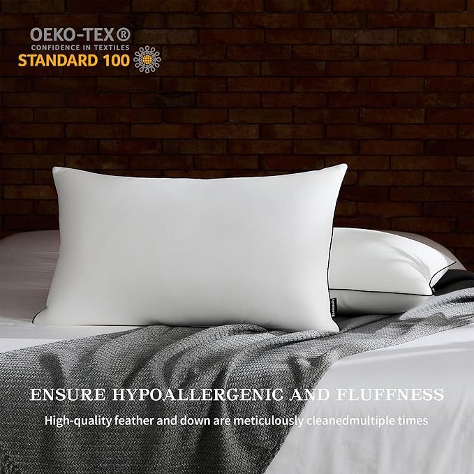 Feather Down Pillow Standard Size Set of 2, 100% Cotton Luxury Hotel Collection Bed Pillows for Sleeping, Down Surrounded Fluffy Soft Medium Firm Pillows for Side Back Stomach Sleepers 20" x 26"