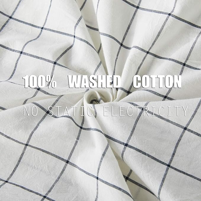 JELLYMONI Cotton Duvet Cover Full Size - White Grid Plaid Comforter Cover with Button 100% Washed Cotton 3PCS Breathable Soft Bedding Set Duvet Cover 80×90in & 2 Pillowcases (NO Comforter)