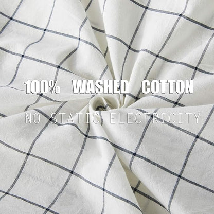 JELLYMONI Cotton Duvet Cover King Size - White Grid Plaid Comforter Cover with Button 100% Washed Cotton 3PCS Breathable Soft Bedding Set Duvet Cover 104×90in & 2 Pillowcases (NO Comforter)
