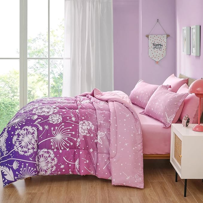 Menghomeus Girls Comforter Set Full Size 7 Pieces Bed in A Bag Ombre Pink Purple Rainbow Bedding Set Dandelion Butterfly Print Kids Bedding Collections