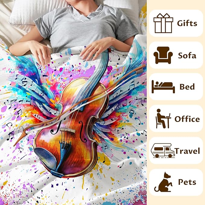 Music Blanket for Kids Teens Adults, 40x50 Inches Violin Throw Blanket Gifts for Women Girls Musician Music Enthusiast, Vintage Soft Fuzzy Flannel Music Themed Blanket Decor for Couch Sofa Bed