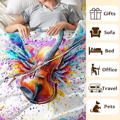 Music Blanket for Kids Teens Adults, 60x80 Inches Violin Throw Blanket Gifts for Women Girls Musician Music Enthusiast, Vintage Soft Fuzzy Flannel Music Themed Blanket Decor for Couch Sofa Bed