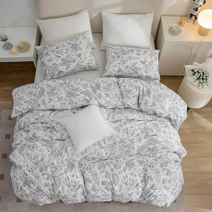 Flower Duvet Cover Queen, 100% Brushed Microfiber 3 Pieces Queen Bedding Sets, Vintage Floral Chic Garden Style Floral Pattern Queen Duvet Cover with Zipper Closure