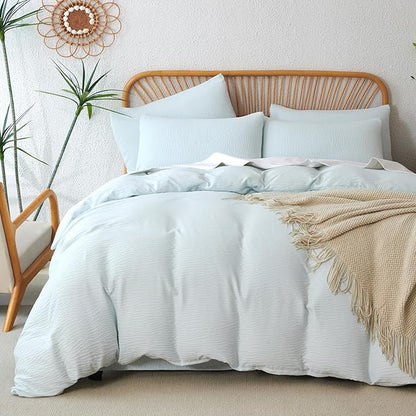 King Duvet Cover Light Blue, Luxury Brushed Microfiber Double-Layer Crinkle Gauze Pale Blue Duvet Cover, 3 Pieces Bedding for All-Season, Soft Breathable with Zipper Closure (No Comforter)