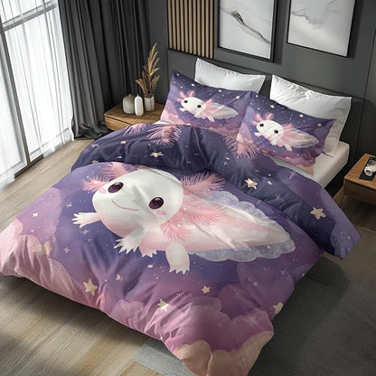 Axolotl Duvet Cover California King Size, Kids Boys Girls Bedding Set 3 Pcs (2 Pillow Shams), Super Soft Microfiber Bedroom Decor, Zipper & Ties CSXQ1249