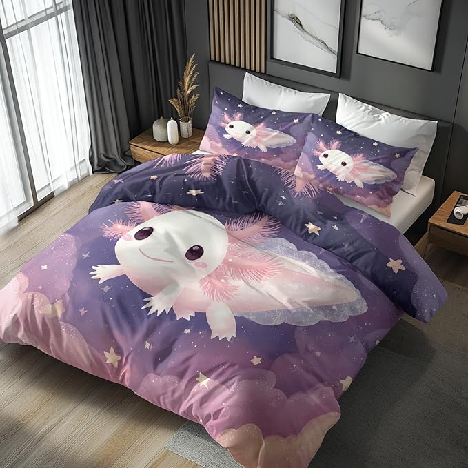 Axolotl Duvet Cover King Size, Kids Boys Girls Bedding Set 3 Pcs (2 Pillow Shams), Super Soft Microfiber Bedroom Decor, Zipper & Ties CSXQ1249