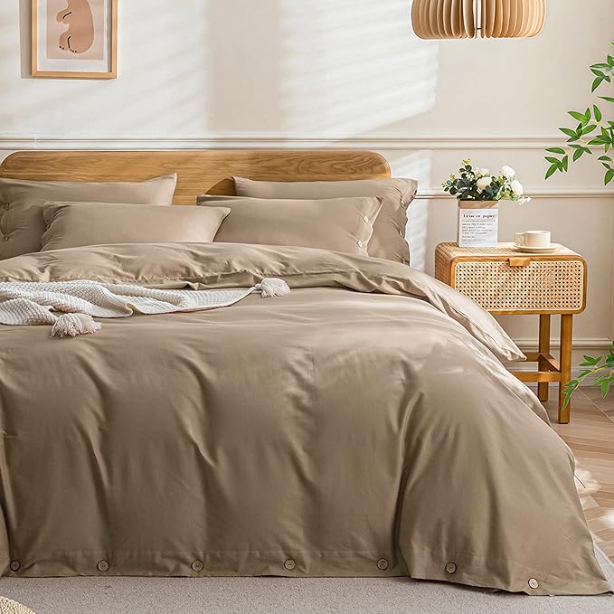 JELLYMONI Cotton Duvet Cover King Size - Khaki Comforter Cover with Button 100% Washed Cotton 3PCS Breathable Soft Solid Bedding Set Duvet Cover 104×90in & 2 Pillowcases (NO Comforter)