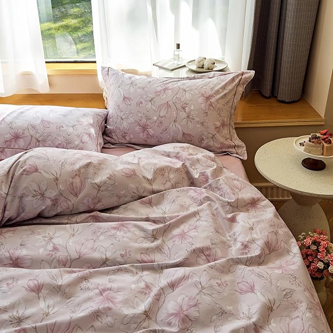 AOJIM Pink Floral Printed Duvet Cover Set for Kids Adults, Soft 100% Cotton Comforter Cover Set 3pcs, 1 Aesthetic Gardenia Quilt Cover King Size and 2 Matching Pillowcases for Room Decor, No Quilt
