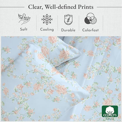 California Design Den Floral Printed Queen Sheet Set - 400 Thread Count Sateen, Natural 100% Cotton Sheets Queen Size Bed Set, Deep Pockets, and Durable Bedding - Antique Rose