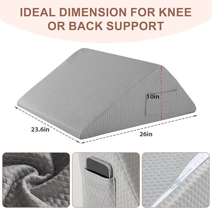 Knee Wedge Pillow, Memory Foam Leg Pillow Bed Wedge for Sleeping, Post Surgery Triangle Pillow Wedge for Knee Support, Leg Elevation, Knees Hip Back Pain Relief (23.6" x 26" x 10", Extra Large, Grey)