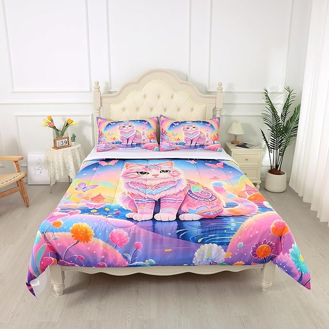 Cat Comforter Set Full: Rainbow Exotic Cat Bedding Set Kawaii Colorful Kitten Quilts Pet Feline Flowers Castle Bed Sets for Teens Girls Kids Women 1 Comforter & 2 Pillowcases