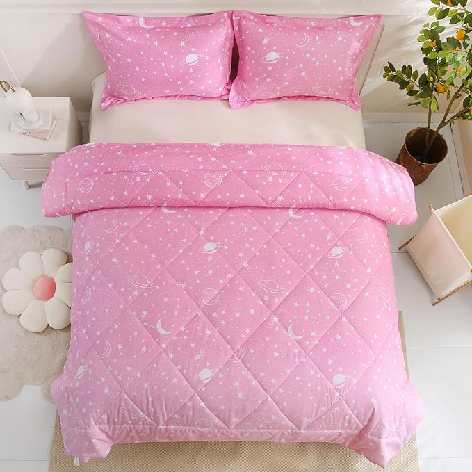 JSD Gradient Pink Stars Kids Comforter Set Full Size, 3 Piece Space Theme Girls Printed Microfiber Bedding Set, Machine Washable