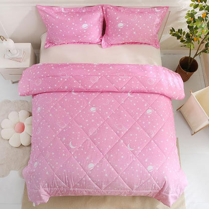 JSD Gradient Pink Stars Kids Comforter Set Full Size, 3 Piece Space Theme Girls Printed Microfiber Bedding Set, Machine Washable