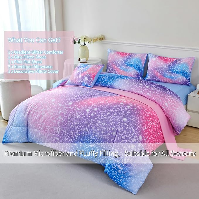RYNGHIPY 6Pcs Girls Bedding Set Full Size Colorful Rainbow Comforter Set for Kids Teens Girls Glitter Bedding Set Lightweight Fluffy