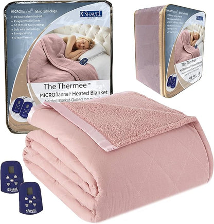 Thermee Micro Flannel Heated Blanket with Sherpa back, 10-Setting Electric Blanket King Size, Programmable Heating Blanket, Ultra-Soft Heated Throw Blanket, Fast Heating Thermal Blanket - Blush