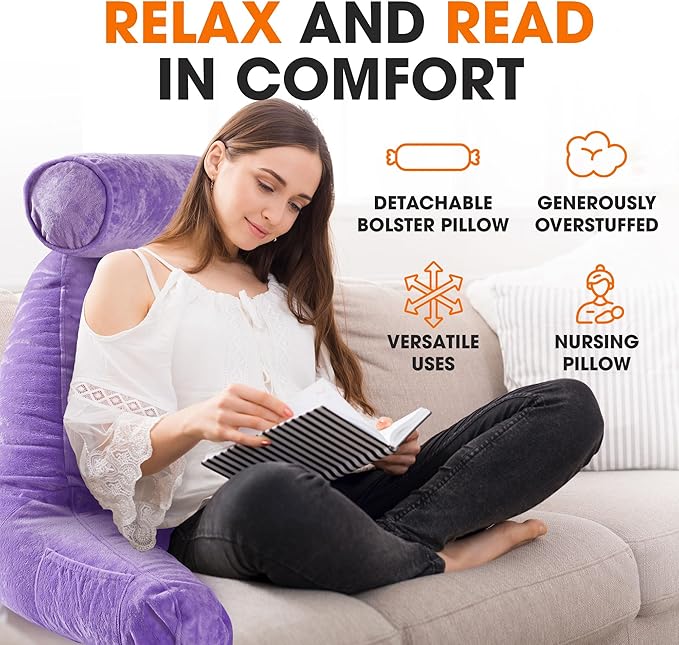 Cheer Collection Reading Pillow Chair - Chair Pillow with Arms and Detachable Neck Bolster for Bed & Couch - Machine Washable, Purple