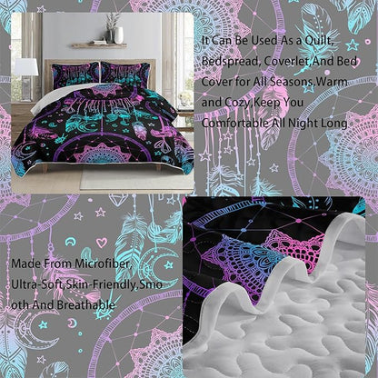 AILONEN Dreamcatcher Quilt Set King Size,Purple Blue Feather Print Bedspread Coverlet,Bohemian Mandala Bedding Set Printed with 2 Pillowcases,Soft and Lightweight