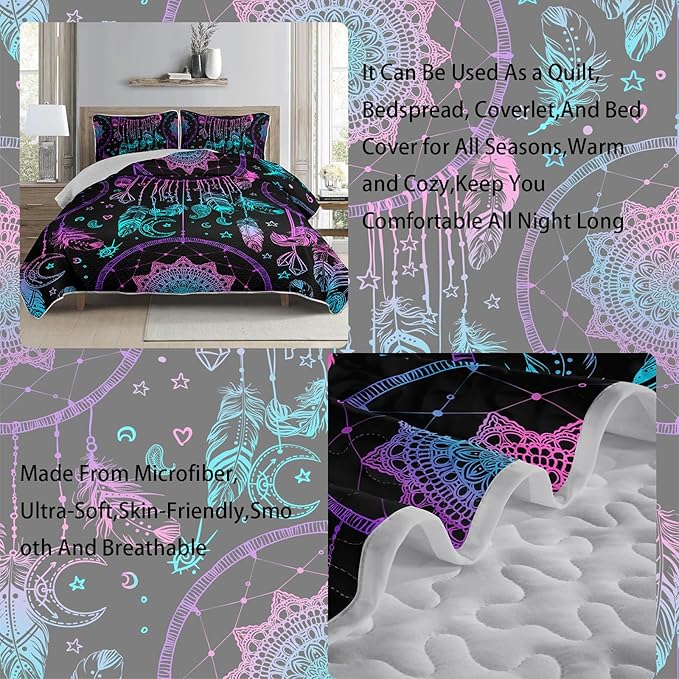 AILONEN Dreamcatcher Quilt Set Twin Size,Purple Blue Feather Print Bedspread Coverlet,Bohemian Mandala Bedding Set Printed with 2 Pillowcases,Soft and Lightweight